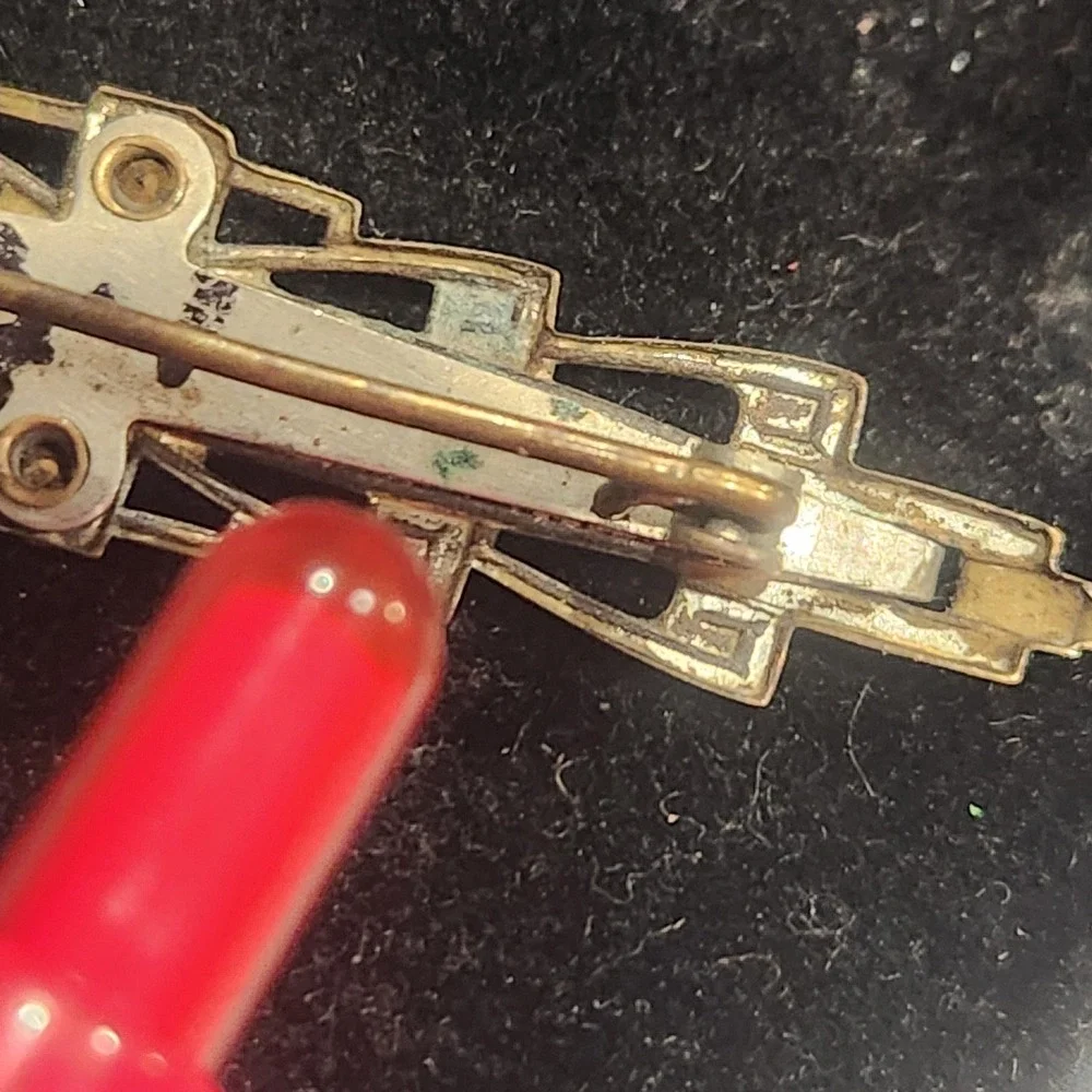 Art Deco Bar Brooch Mother‎ of Pearl Rhinestone Gold Bronze Tone Geometric VTG